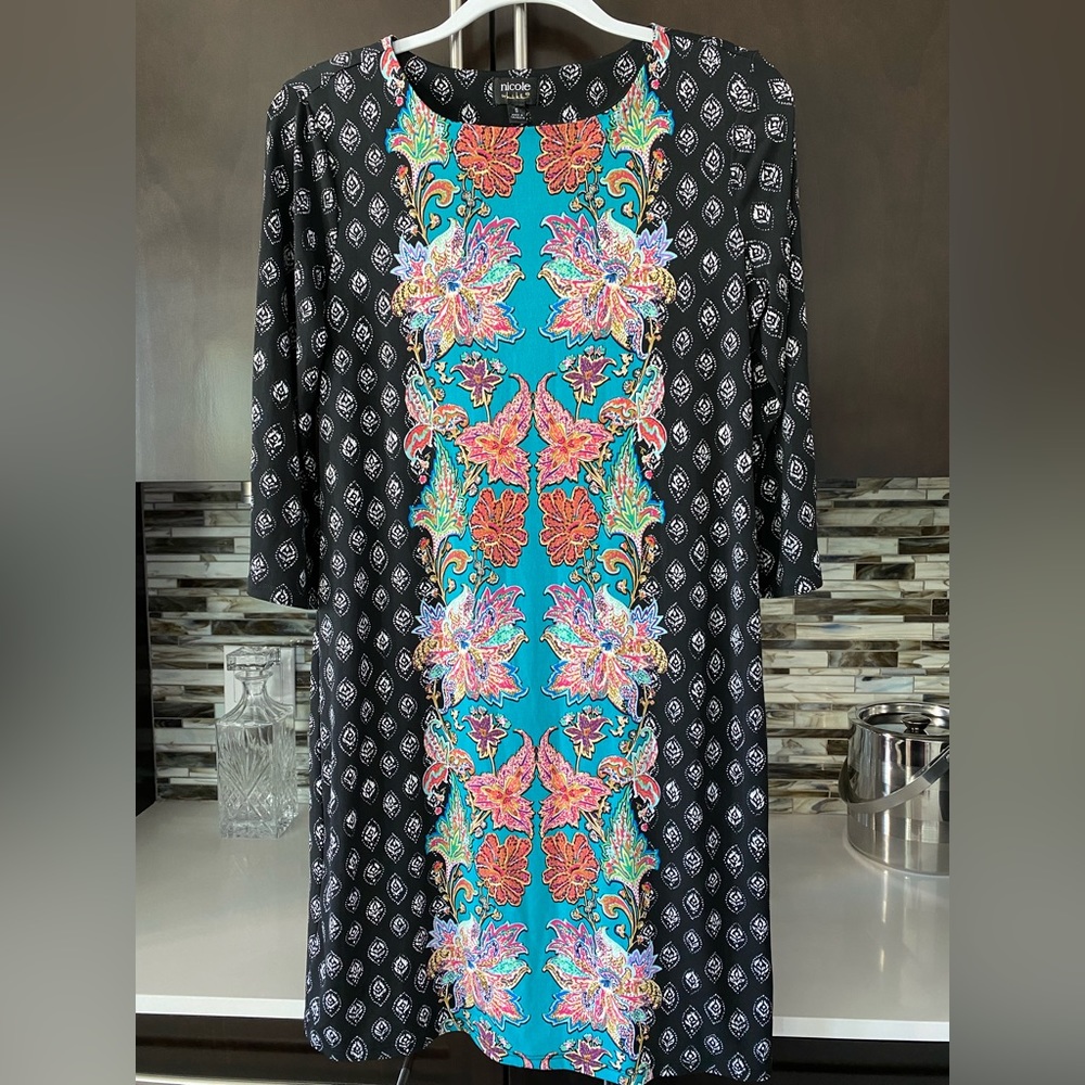 Nicole by Nicole Miller Dress (Small, Black, Turquoise & Multicolored Flowers)